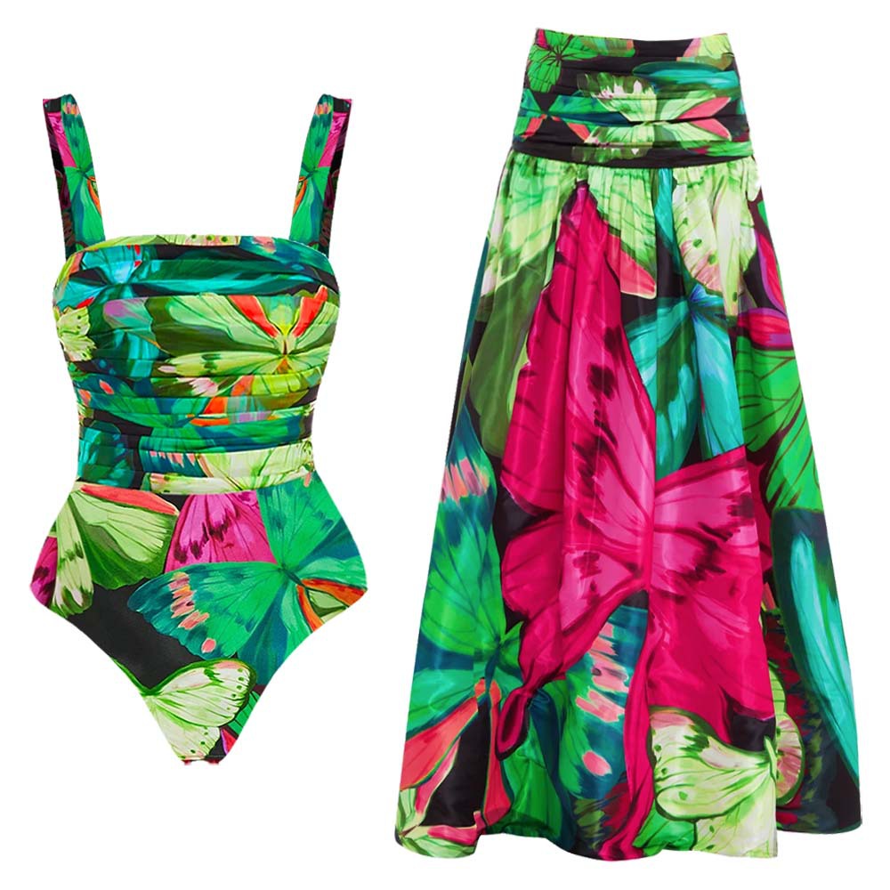 Maillot de bain une pièce imprimé papillon pour femme, ensemble jupe parapluie