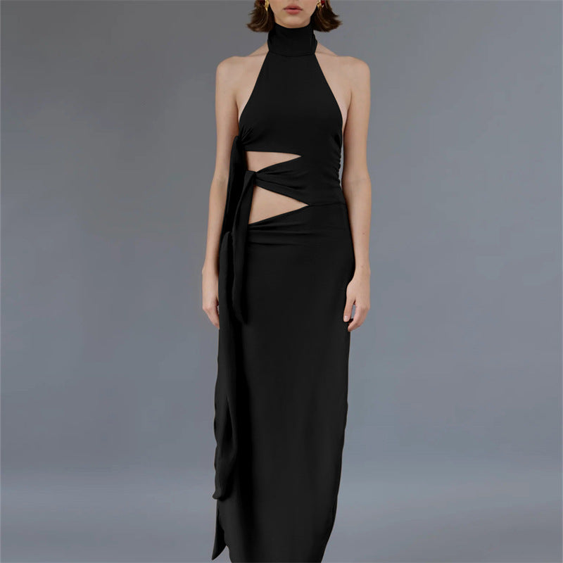 Sexy Hollow Out Cutout Backless Stitching Strap Long Slit Halter Dress Women LAGERFELD
