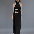 Sexy Hollow Out Cutout Backless Stitching Strap Long Slit Halter Dress Women LAGERFELD