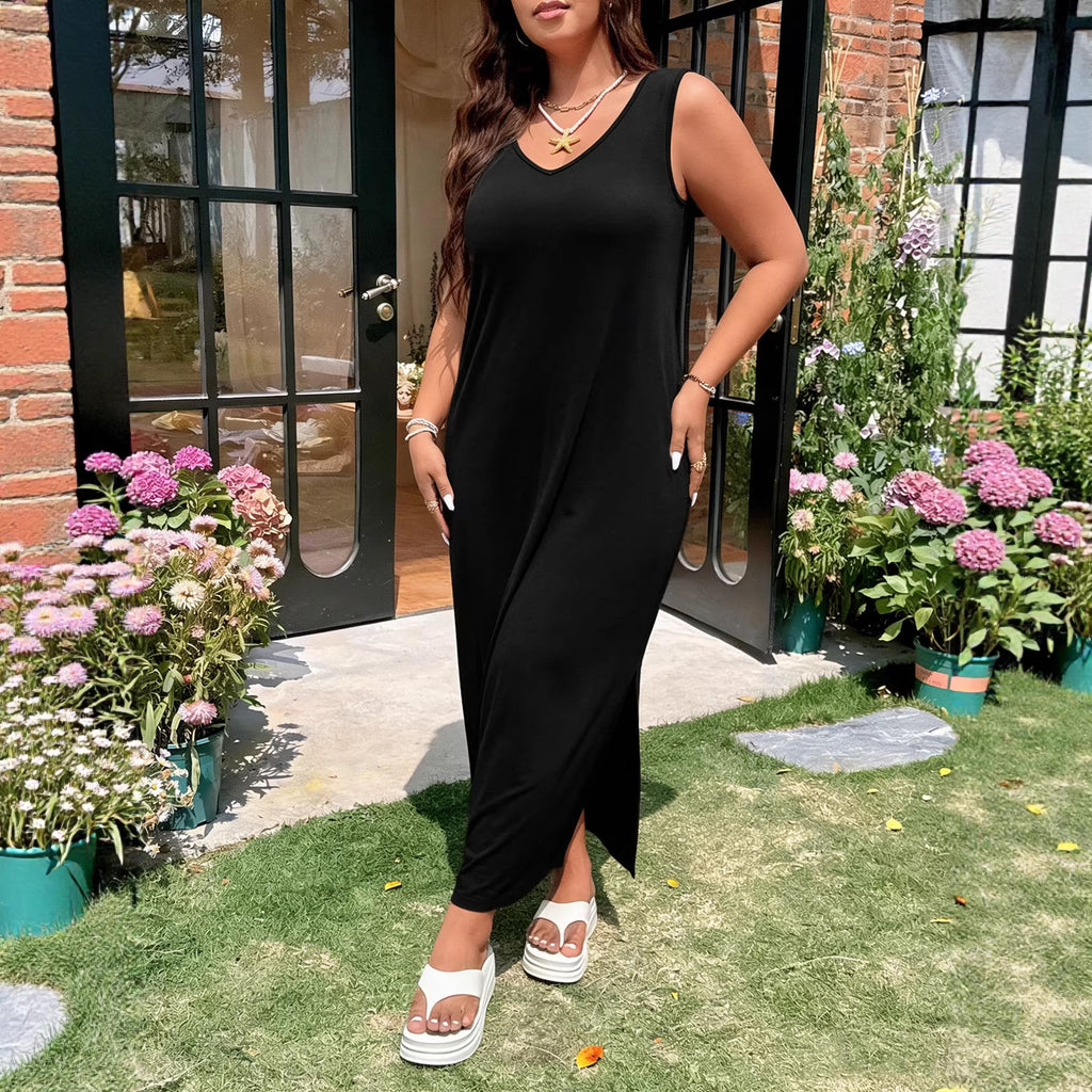 Summer High Waist V neck Maxi Dress Cotton Polyester Knitted A line Split Japanese Korean Casual Dress Yido