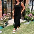 Summer High Waist V neck Maxi Dress Cotton Polyester Knitted A line Split Japanese Korean Casual Dress Yido