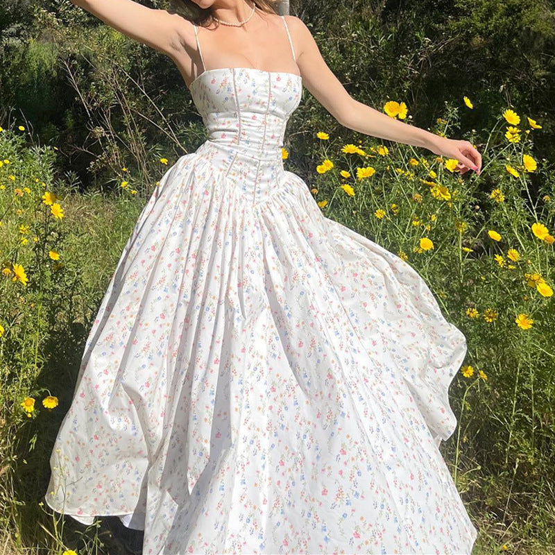 Vestido maxi floral con tirantes, estilo pastoral francés, sexy, para mujer