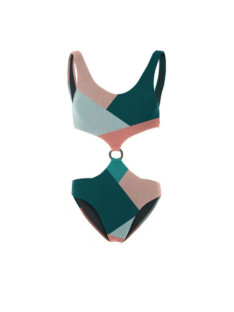 Conjunto de bikini de una pieza con estampado de contraste de color, falda de gasa de malla Wishi, traje de baño para vacaciones