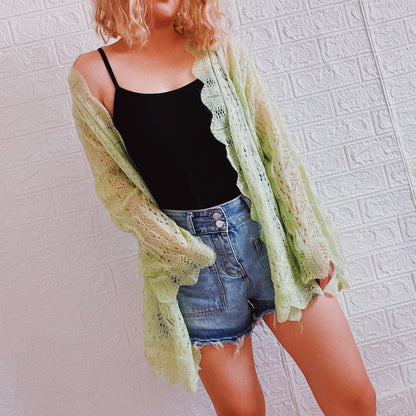 Summer Beach Vacation Sun Protection Shirt Ruffled Hollow Out Cutout Light Breathable Knitted Cardigan Women Crochet hook Crochet hook Crochet hook