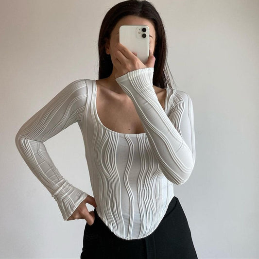 Summer French Design Pleated U Collar Simple Solid Color Slim Fit Long Sleeves Top Women
