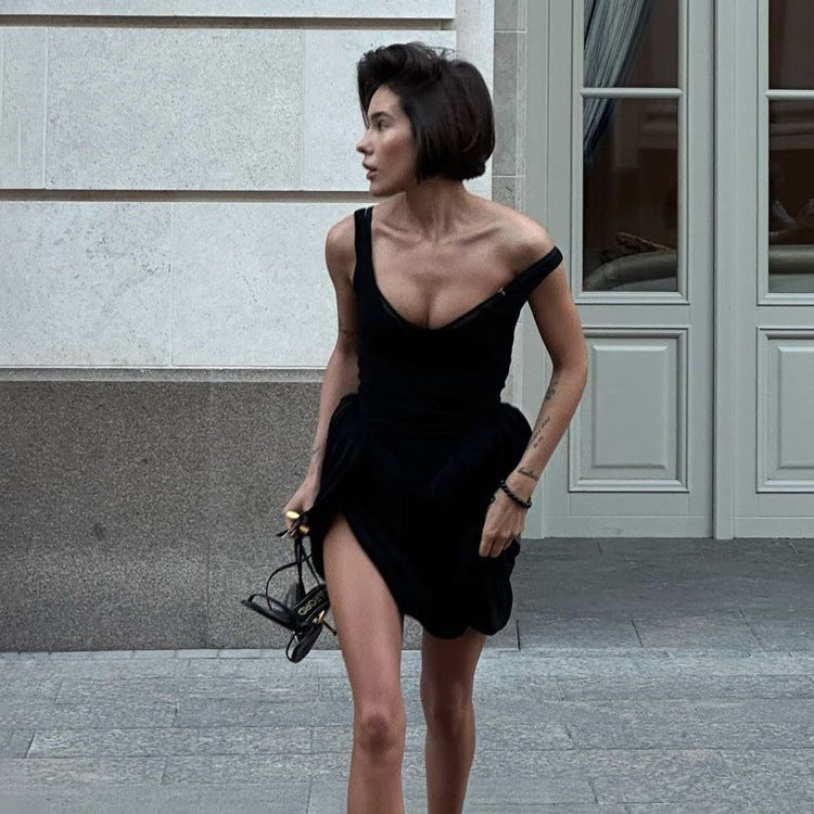 Women Clothing Patchwork Design Pleated Sleeveless Suspender High Waist Irregular Asymmetric Hem Dress Kigali