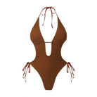 Bikini Sexy Deep V Plunge Lace up Halterneck Backless Siamese Women Swimsuit Peaches