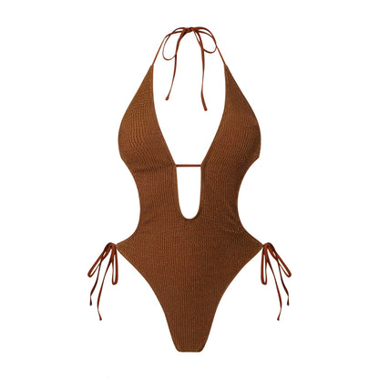 Bikini Sexy Deep V Plunge Lace up Halterneck Backless Siamese Women Swimsuit Peaches
