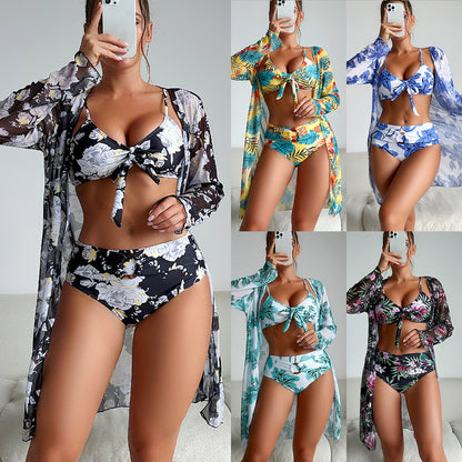 Swimsuit Women Two Piece Printed Long Sleeve Internet Celebrity Bikini Three Piece Swimsuit