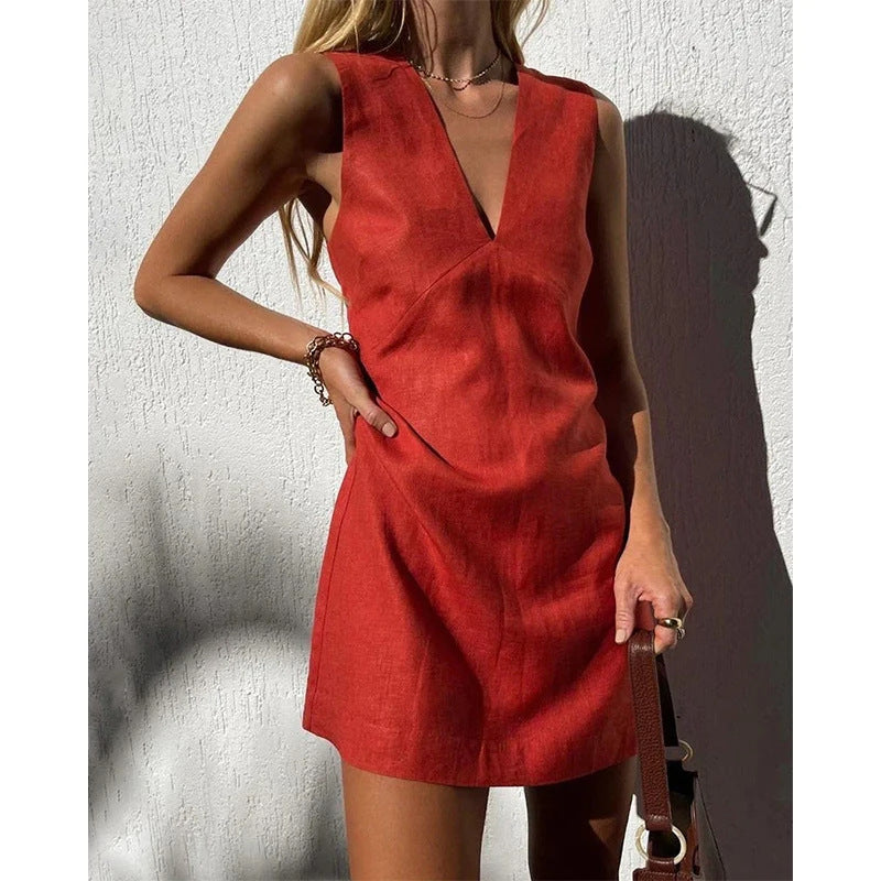 Sexy Sexy V neck Cotton Linen Sleeveless Dress Women Summer Basic Solid Color Slim Vest Short Dress JilSung