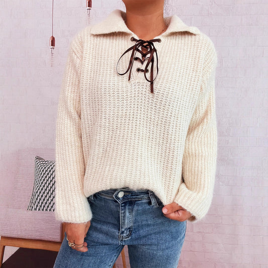 Suéter holgado de color liso con cuello atado para oficina, sencillo, para otoño e invierno