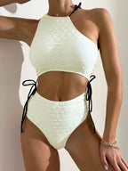 Traje de baño para mujer, color sólido, sexy, ajustado, con cordones, traje de baño corto, traje de baño de una pieza duradero y texturizado