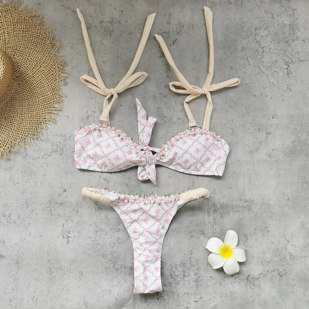 Lace up Tube Top Lace Floral Bikini Sexy Backless Low Waist Split Swimsuit Women Fresh Thunder