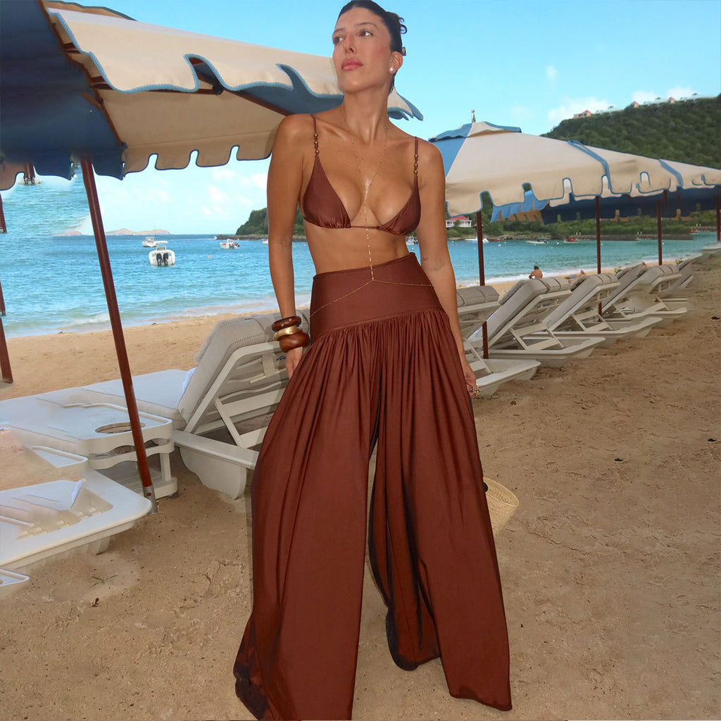 Women Three Point Bikini High Waist Wide Leg Pants Sets Split Swimsuit Bikini Thunder