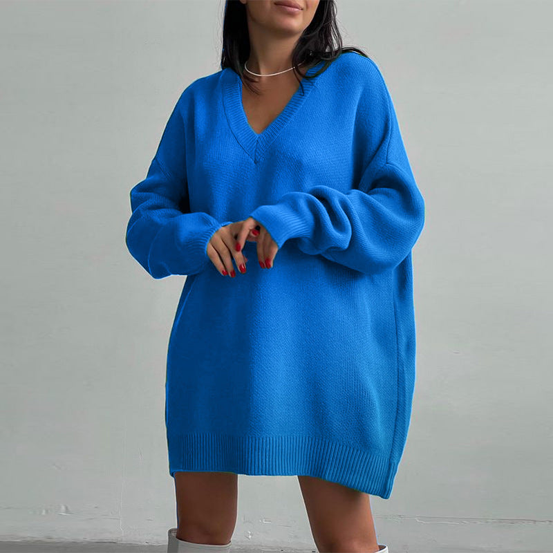 Suéter largo de punto holgado informal con cuello en V y manga larga para otoño e invierno para mujer