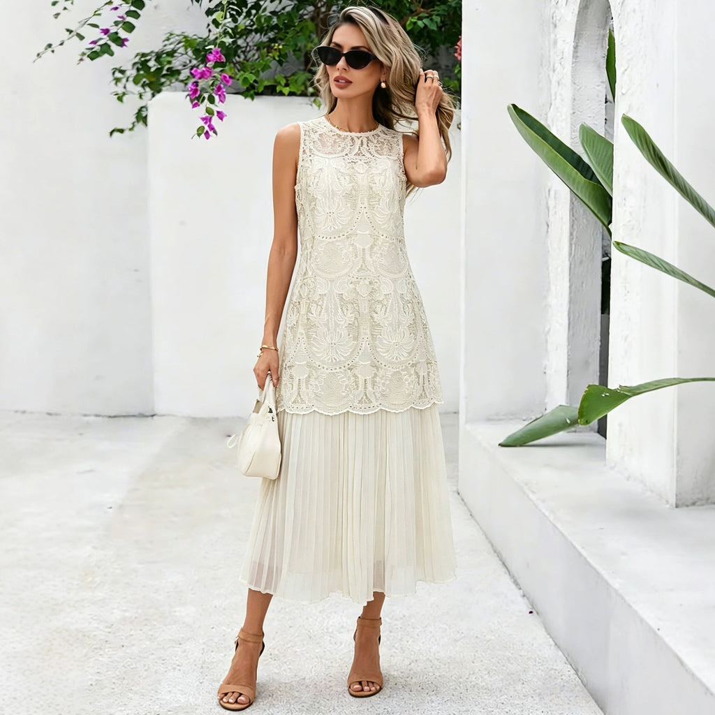 French Heavy Industry Jacquard Embroidery Faux Two Piece Sleeveless Dress Women Niche Design Pleated Midi Dress Summer CYSM