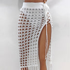 Vestido de mujer sexy con aberturas, tejido con encaje y borlas, falda de playa dividida