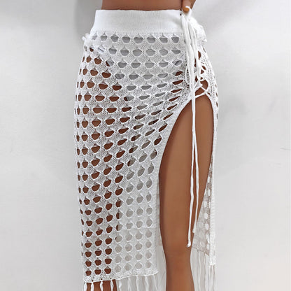 Women Clothing Sexy Cutout Woven Lace up Tassel Dress Split Beach Skirt