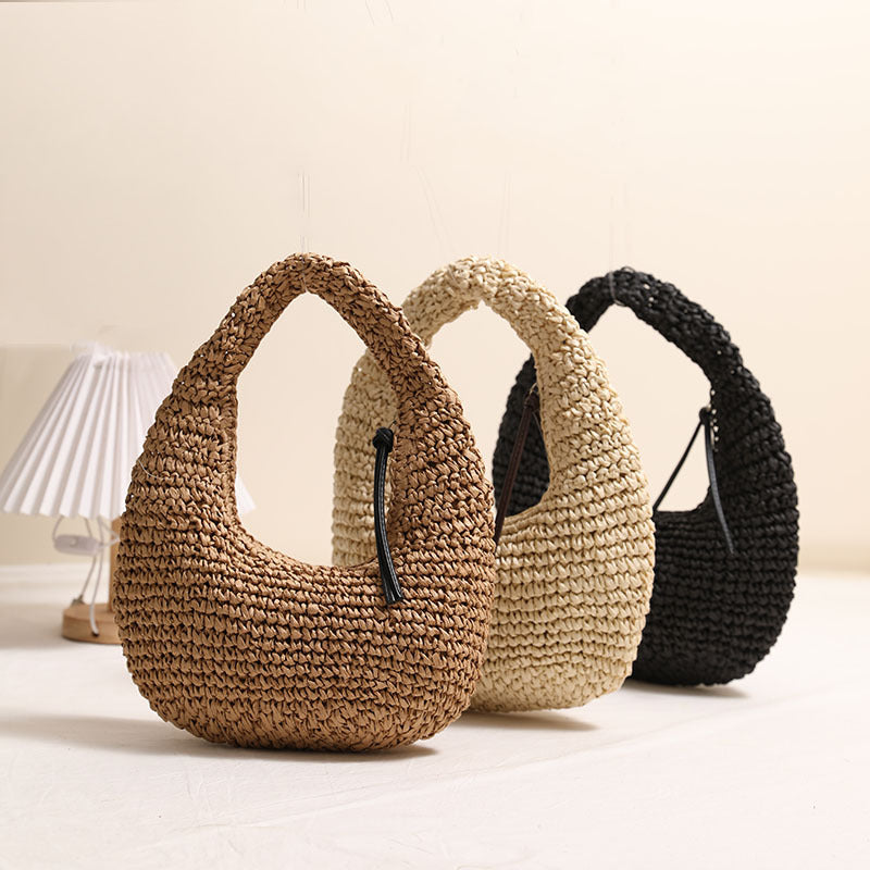 Sac en paille tissé à la main pour femme, couleur unie, avec pompon, idéal pour les vacances à la mer ou la plage 