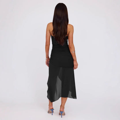 Vestido asimétrico irregular de malla con retazos ajustados sin espalda y top de tubo sexy de verano para mujer