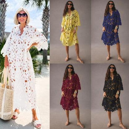 Blusa informal holgada de encaje para vacaciones en la playa