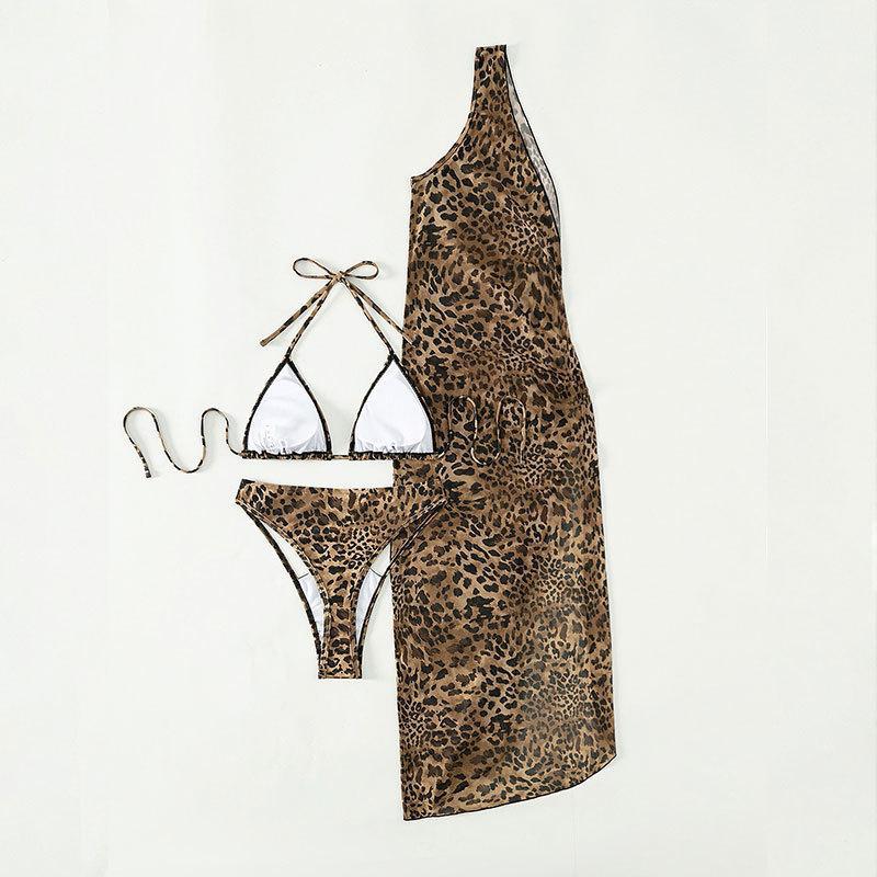 Traje de baño sexy de tres piezas con estampado de leopardo, de un hombro y cintura alta, de malla, maxivestido, bikini