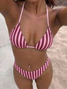 Striped Printed Bikini Triangle Cup Lace up Sexy Backless Split Bikini Swimsuit WithWind