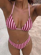 Striped Printed Bikini Triangle Cup Lace up Sexy Backless Split Bikini Swimsuit WithWind