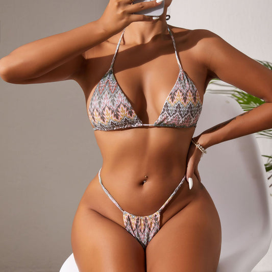 Bikini de color sólido con cordones sexy en la espalda en T, traje de baño dividido, traje de baño de alta elasticidad