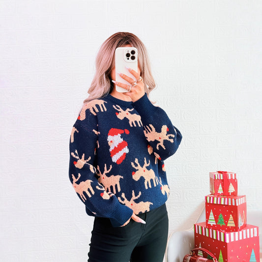 Suéter navideño de ciervo con contraste de colores, cuello redondo, informal, holgado, tejido para el año