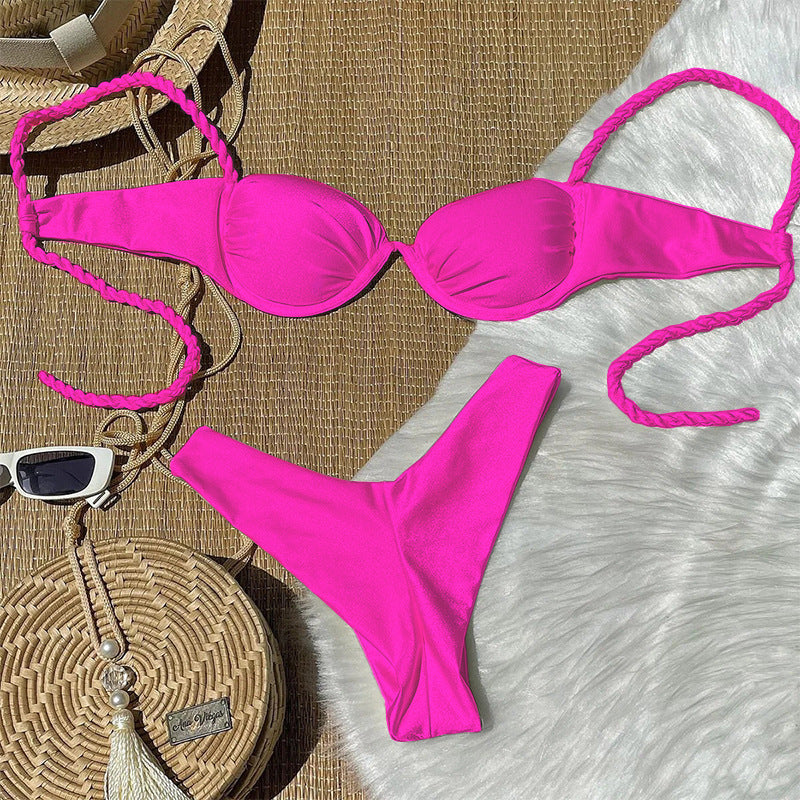Small Breasted Bikini Steel Bracket Gather Swimwear Split Sexy Woven Strap Seaside Swimwear Women