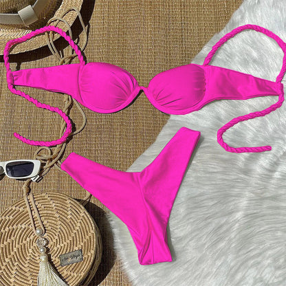 Small Breasted Bikini Steel Bracket Gather Swimwear Split Sexy Woven Strap Seaside Swimwear Women