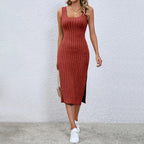 Sexy Sunken Stripe Design Side Slit Slim Slimming Dress Yiskiss