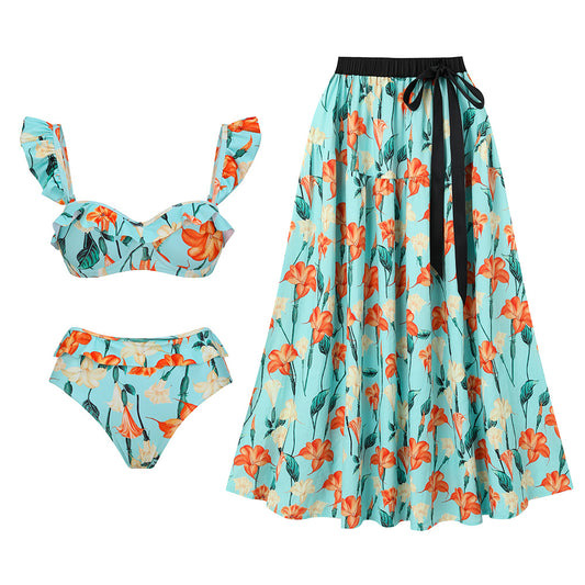 Bikini dividido con mangas de loto y pantalones de cintura alta, traje de baño sexy adelgazante para mujer