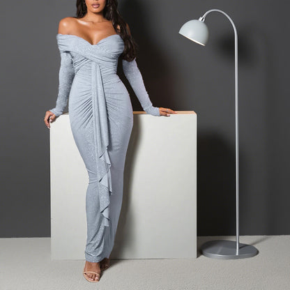 Off Shoulder Rhinestone Shiny Long Sleeve Dress Women Sexy Dress