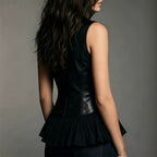 Retro Faux Leather Vest Gothic Sexy V neck Sleeveless Ruffled Hem Vest Top Venly