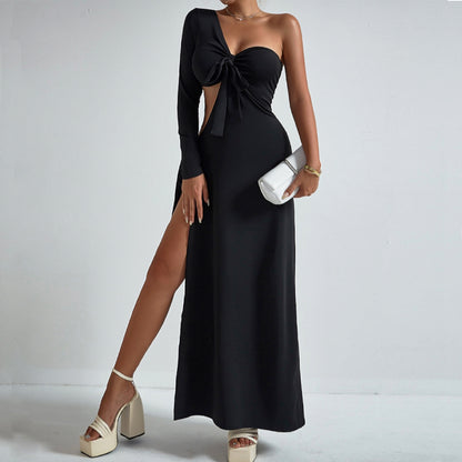 Elegante vestido de un solo hombro, sexy, con aberturas, espalda descubierta, abertura lateral, vestido con cordones