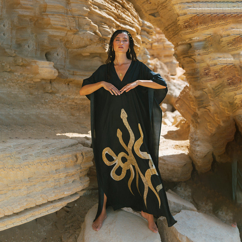 Vestido de playa para mujer, cuello en V, jersey, bikini, traje de baño, blusa, estampado, ropa de protección solar