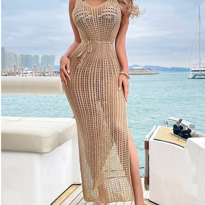 Summer Vacation Beach Dress Sexy Lace Up Backless Hollow Out Cutout Out Knitted Dress Bikini Smock Dress Crochet hook Crochet hook Crochet hook