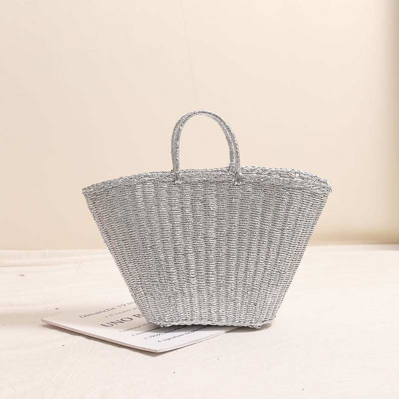 Bolso de paja portátil plateado con diseño de metal, de gran capacidad, ideal para llevar a mano o en la playa. 