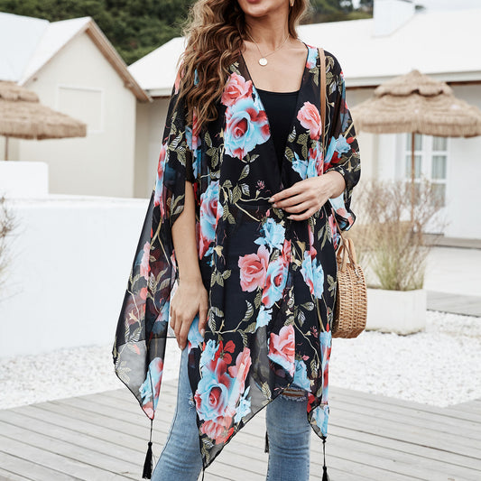Blusa informal de primavera y verano a prueba de sol con borlas, estampado de rosas azules y rosas, de longitud media, a prueba de sol.