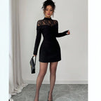 Lace Slim Fit Patchwork Long Sleeve Black Dress Women Sheath Dress KaYu