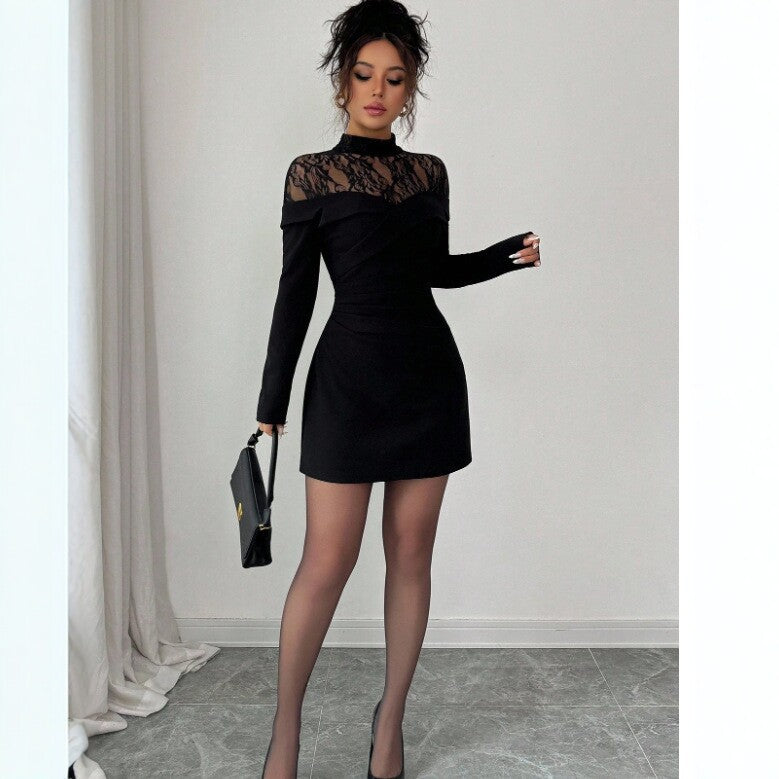 Lace Slim Fit Patchwork Long Sleeve Black Dress Women Sheath Dress KaYu
