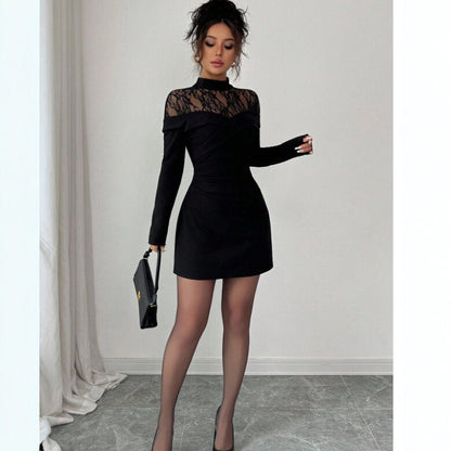 Lace Slim Fit Patchwork Long Sleeve Black Dress Women Sheath Dress KaYu