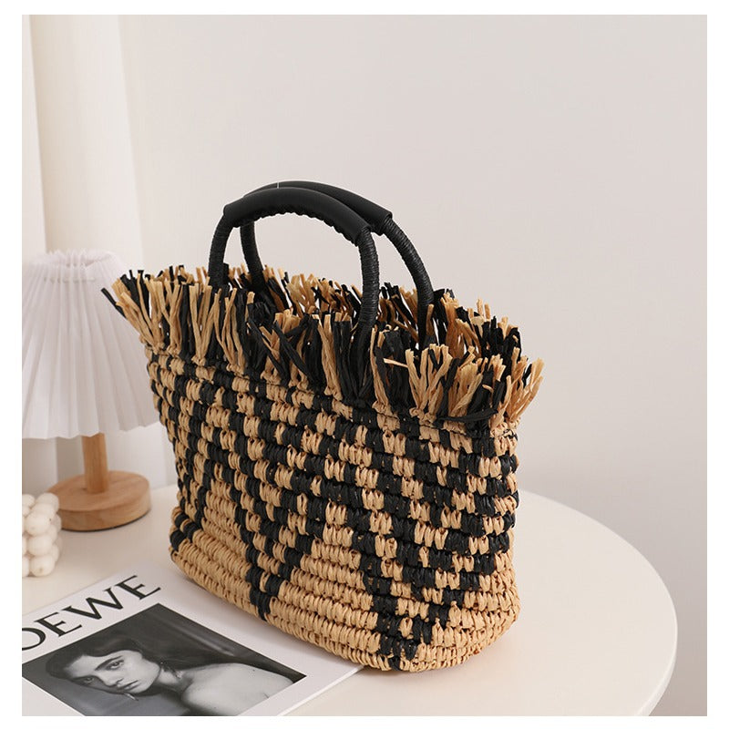 Color Matching Loose Edge Straw Bag Loose Edge Portable Color Matching Woven Bag Seaside Vacation Beach Bag Women Bag EaseWoven