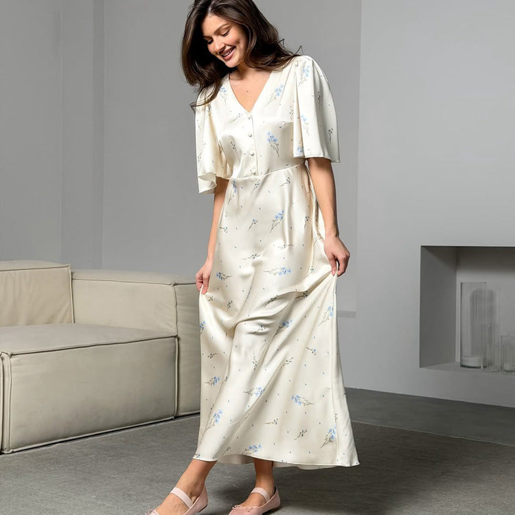 French V neck Floral Women Advanced Satin Short Sleeve High Waist Elegant Maxi Dress Kigali