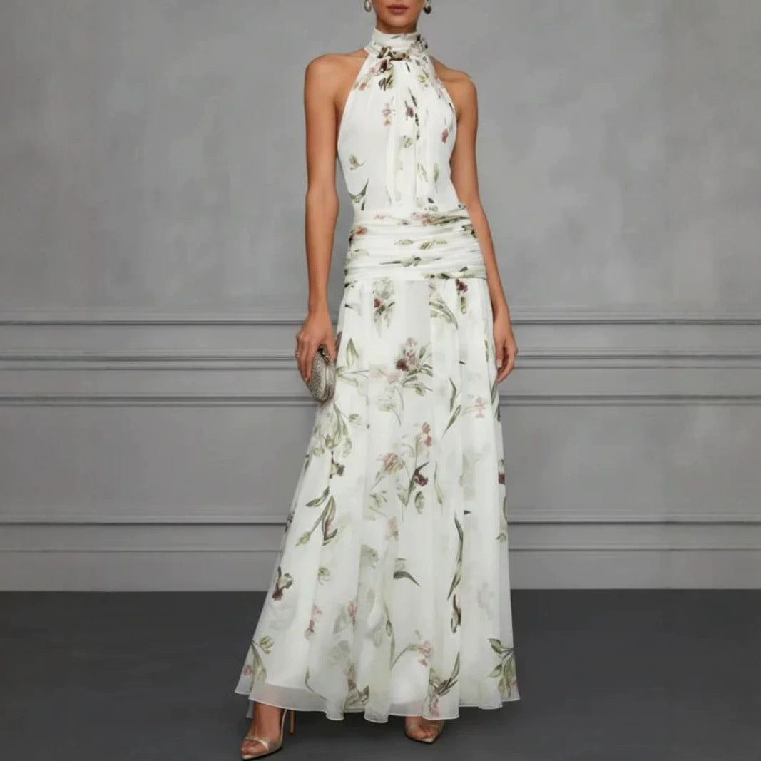 Halterneck Printed Dress Graceful Bow Lace up Waist Controlled Large Hem Maxi Dress Venly