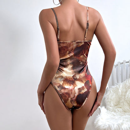 Sexy Street Satin Printed Sling Sexy Backless Breasted Steel Ring Jumpsuit