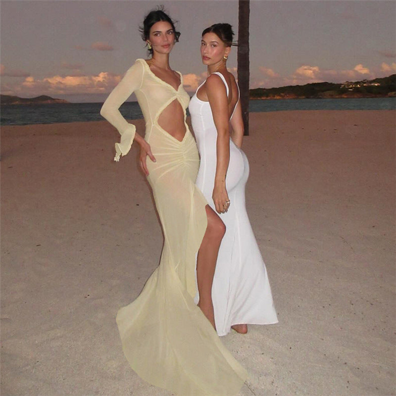 Colección de verano para mujer, vestido ajustado de encaje plisado con escote en V transparente sexy en L con aberturas