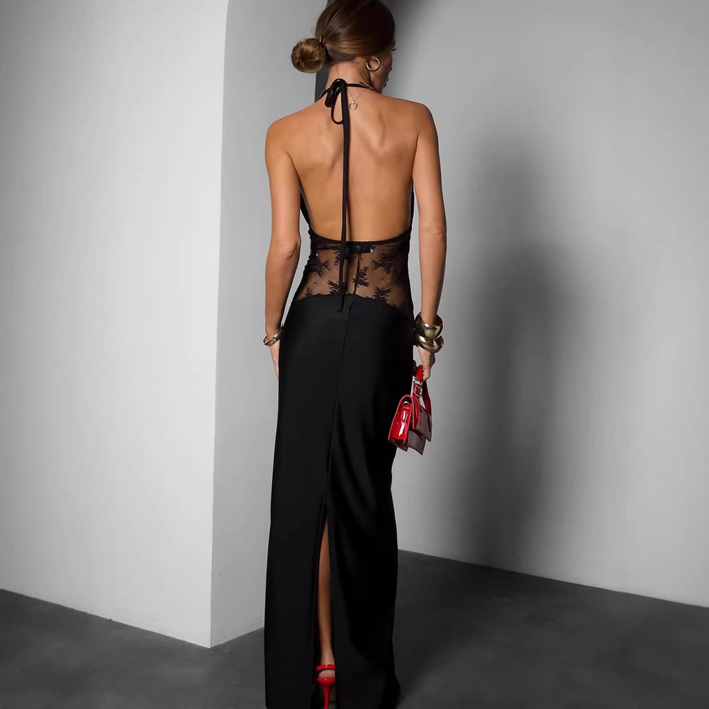 Summer Elegant Black Sexy Backless Lace Stitching Halter Sleeveless Dress for Women FOREVEREIGHTEEN
